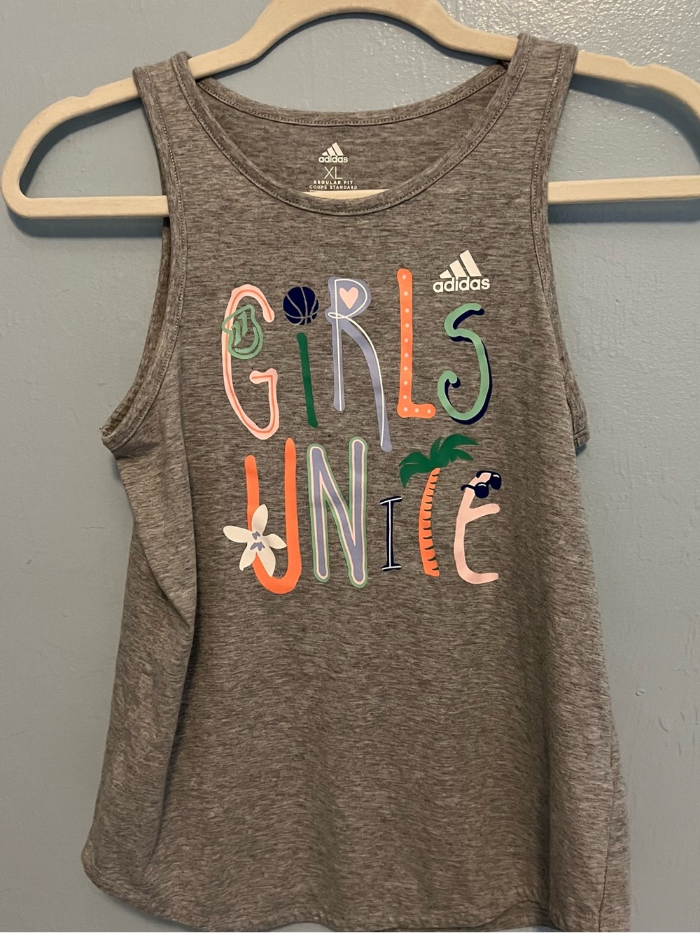 adidas Grey Girls Unite Graphic Tank Top with Multicolor Print